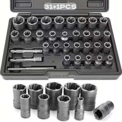 32pcs Heavy-Duty Nut Extractors, Including 1/4 Inch And 3/8 Inch Bits,