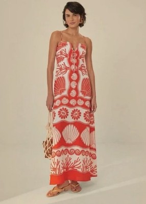 Calypso St. Barth Women's Farm  Dress Rio Red Xs Linen Long