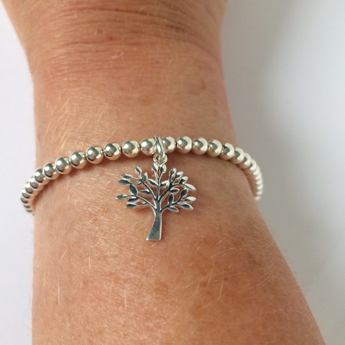 Sterling Silver Stretch Beaded Bracelet, Tree of Life Charm Gift Boxed, Handmade - Picture 3 of 8