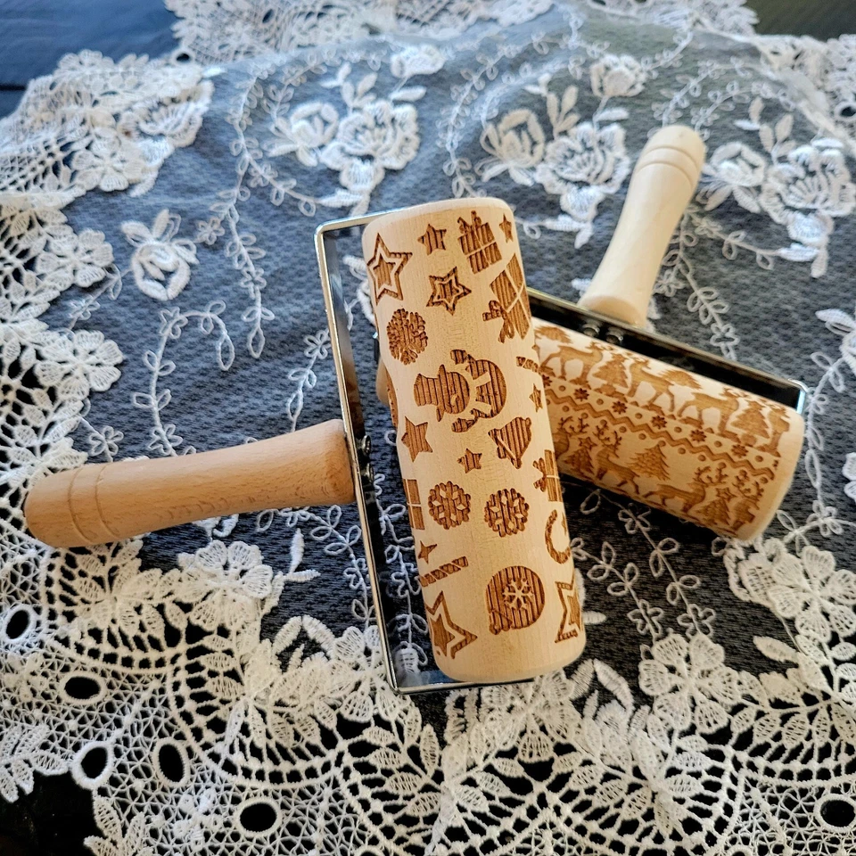 Christmas Embossing Rolling Pin Engraved Wooden Dough Roller Cookies Set Of 2 - Image 4 of 4