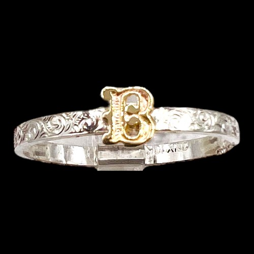 Initial B 10k Yellow Gold Letter Sterling Silver Tribal Etched Band Ring SZ 7.25 - Picture 2 of 7