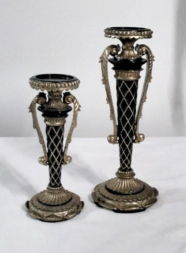 Exquisite Vintage Neo-Classical Gold & Black Toned Candle Holder Pair Set of 2 - Picture 2 of 15