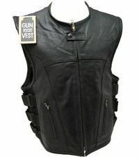 Mens Swat Team Style Blk Leather Vest elastic straps Cow Leather 2 Gun pockets