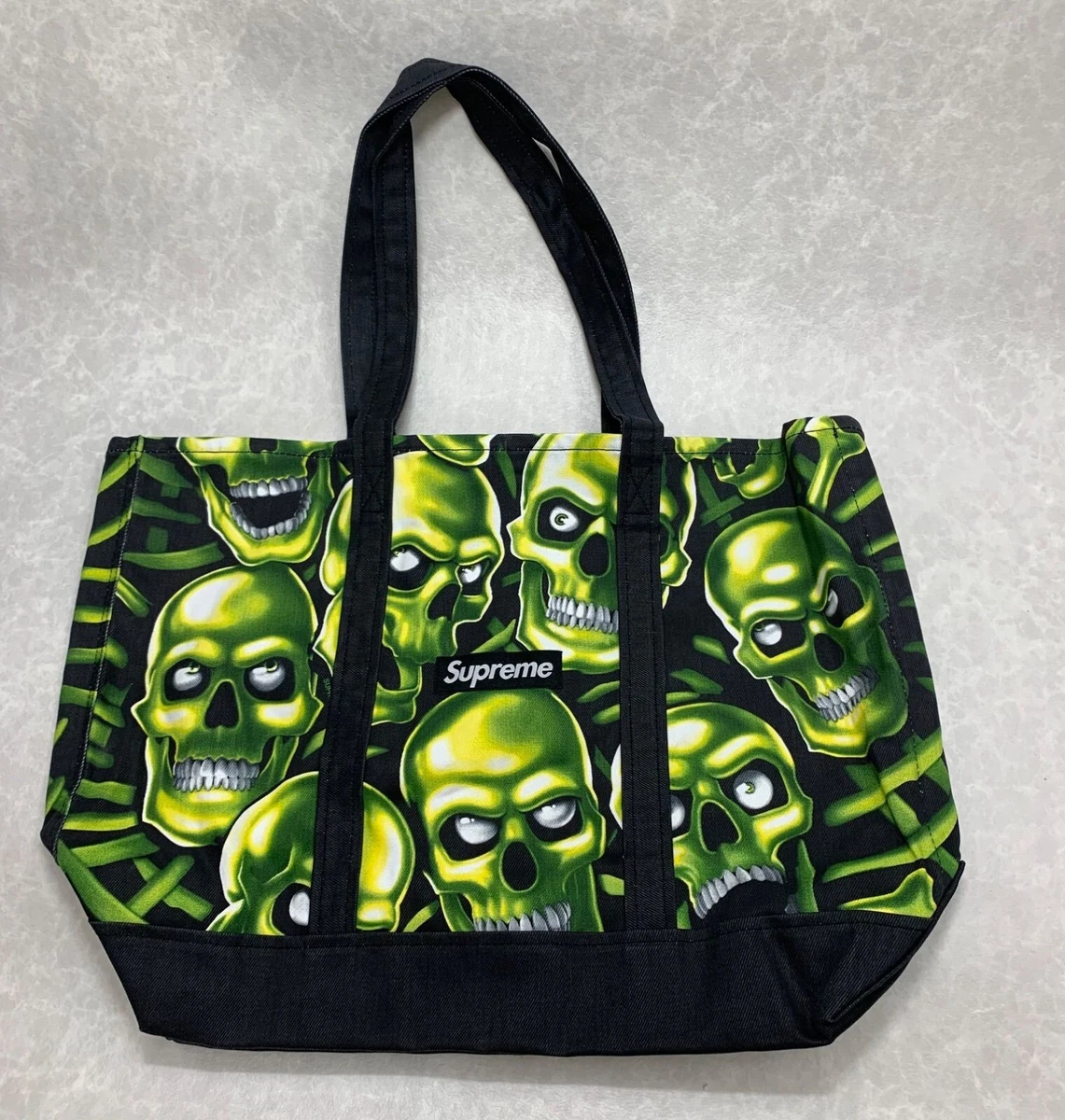 Supreme 18SS Skull Pile denim Tote Bag Cotton Black/Green New Japan