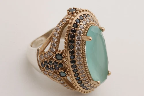 Turkish Jewelry Long Oval Aquamarine Onyx 925 Sterling Silver Ring Size Options
