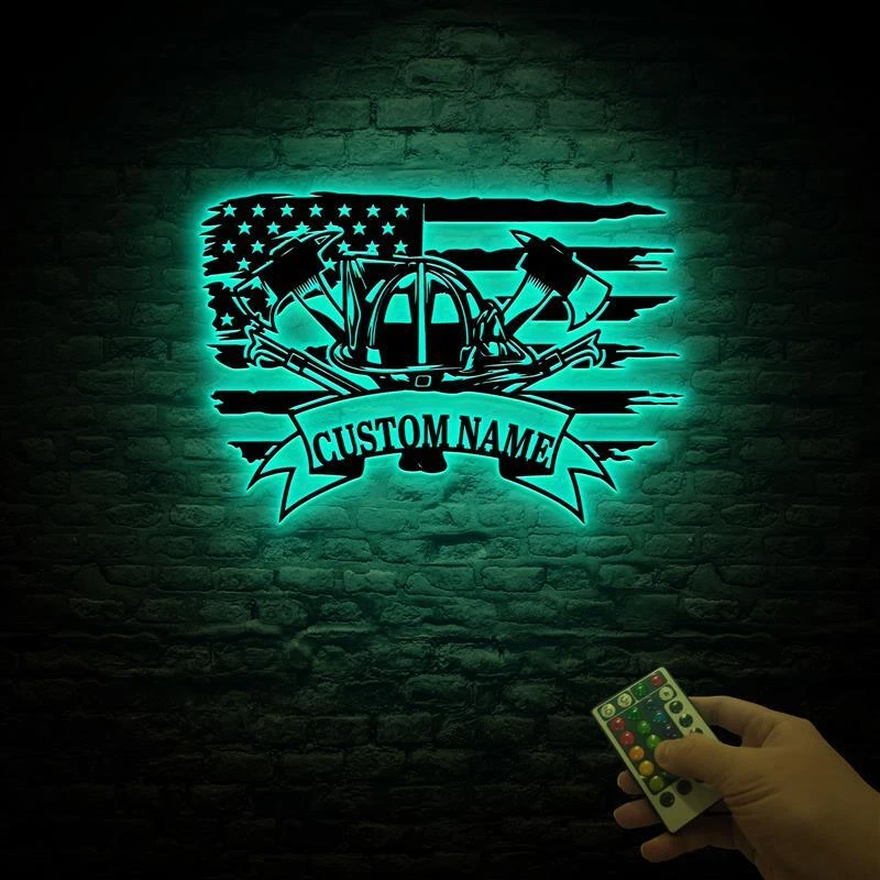 Arte de pared de metal de bombero personalizado con luces LED, letrero de casco de bombero Foto 4 de 4