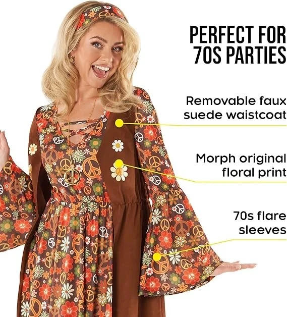 Women`s Long Hippie Costume S-XXL Ladies Hippy Dress 70`s Flower Child Halloween - Image 4 of 4