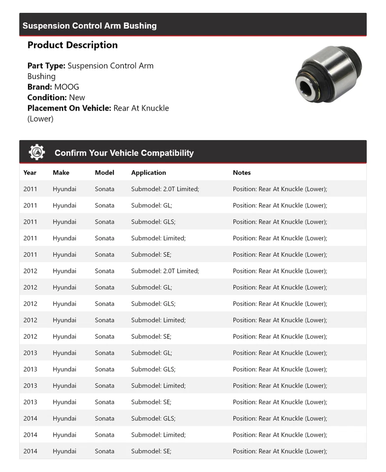 For 2011-2014 Hyundai Sonata Suspension Control Arm Bushing MOOG 2011 2012 2013 - Image 2 of 3
