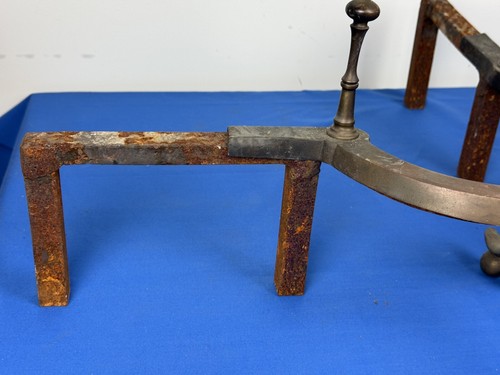 Antique Brass Andirons, Fluted Column & Cabriole Legs 23.25"H Cooking Spit Hook - Picture 14 of 20