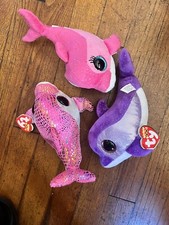 Ty Beanie Boos Pink Dolphin Flips, Surf  Sparkles LOT Plush Toy Glitter Eyes