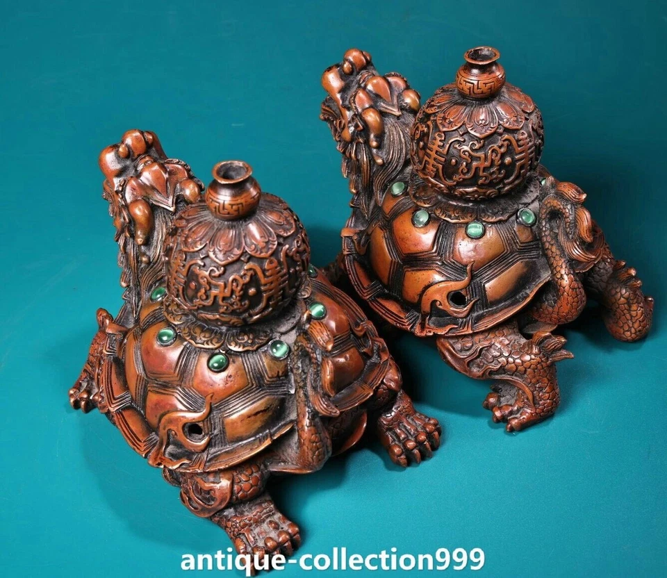 6" Old Red Copper Inlay Gems Dragon Turtle Gourd Incense Burner Censer Pair - Image 4 of 4