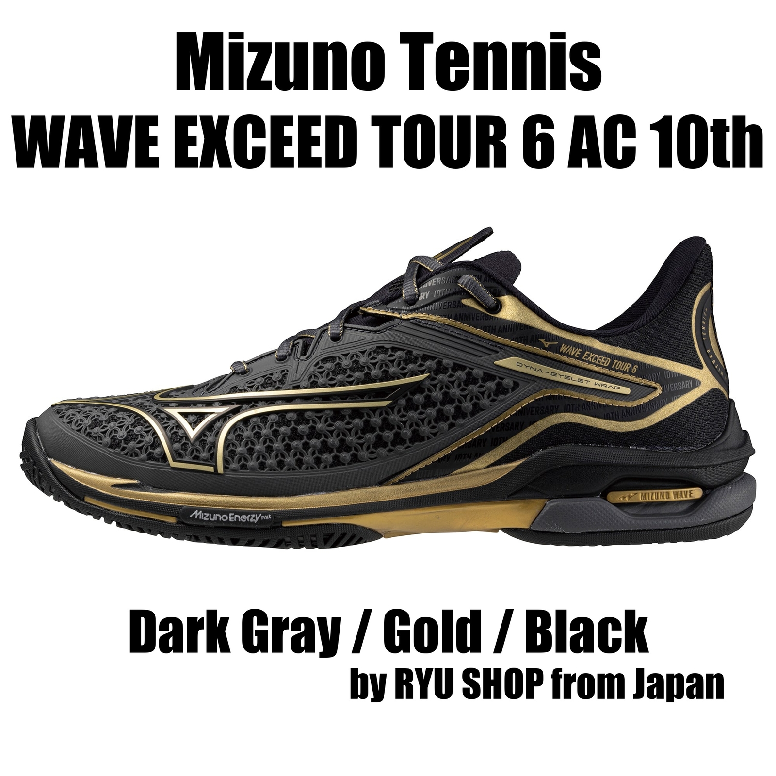 SAOLA Mizuno Tennis WAVE OVER TOUR 6 AC 10° 61GA247652 Grigio Scuro Oro Nero