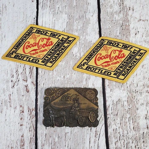 Vtg 1976 Coca-Cola Lot 75th Anniversary Belt Buckle Brass Patch Roanoke Virginia