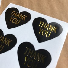 30 Heart Thank You Stickers Labels On Glossy Black Paper With Gold Lettering