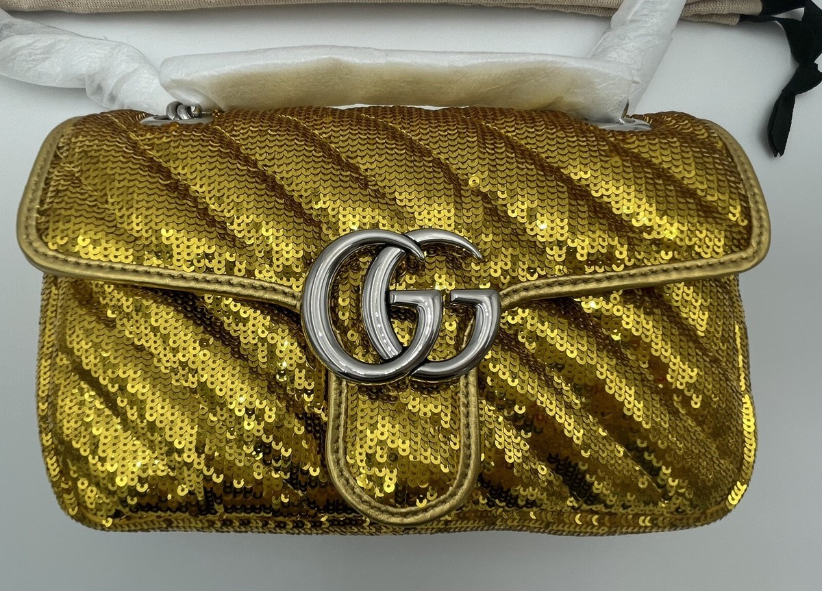 GUCCI ゴールド パーティーバッグ NEW GUCCI MARMONT METALLIC SEQUIN GOLD LEATHER GG SHOULDER