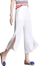 Womens Elastic High Rise Wide-Leg Side Slit Chiffon Capri Pants