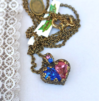 Michal Negrin Heart Necklace Delicate and Pink Blue Swarovski