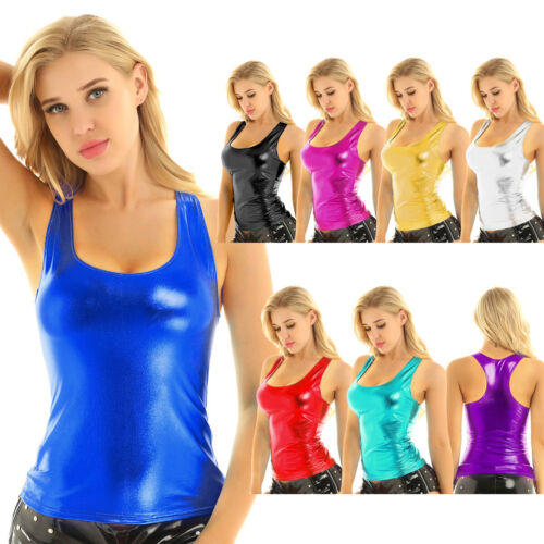 Women's Wetlook Tank Top Gloss Metallic Shirt Vest Clubwear Rave Dance Top  - Picture 1 of 41