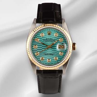 Rolex Datejust 36mm Gelbgold Blau Motiv Diamant Zifferblatt Leder Band Uhr 16013