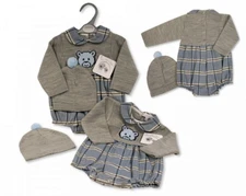 Spanish Style Baby Boy clothes blue teddy Knitted romper hat set tartan outfit