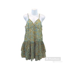 Japna women babydoll boho green, yellow whimsy floral tiered sun dress Large NWT