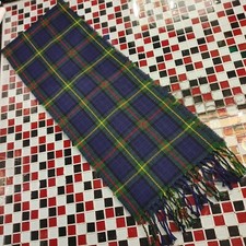 Vtg  FLANNEL SCARF 56" x 10.5" Blue Red Green Yellow  Tartan Plaid  Fringe