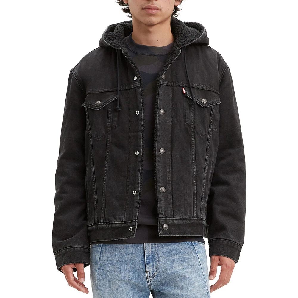Levis Mens Denim Sherpa Lined Hooded Jean Jacket Fall Pocket Drawstring 85244
