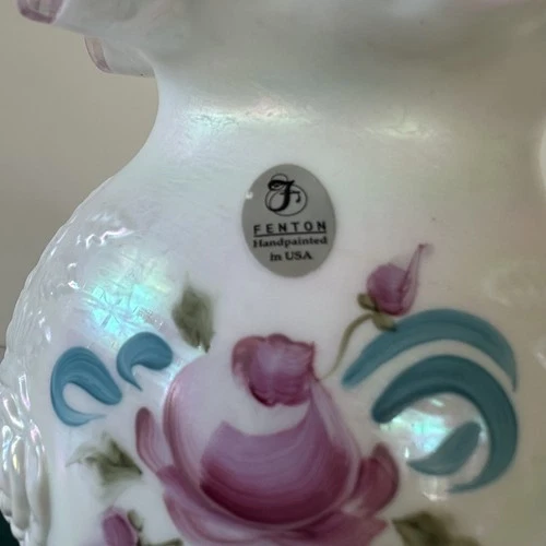 Fenton Iridescent  Carnival Glass Embossed Roses Hand Painted Vase Signed Vtg
