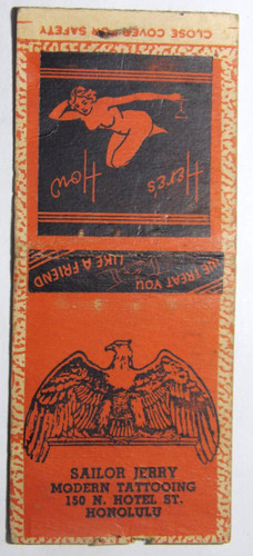VINTAGE 1940s WWII "SAILOR JERRY MODERN TATTOOING" MATCHBOOK! HONOLULU! EMPTY