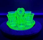 **Uranium** Depression Glass  Cocktail Cordial 7 Piece Set GLOWS **READ**