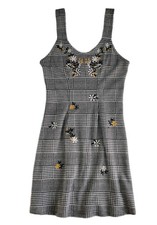 TOPSHOP Plaid Mini Pinafore Dress Size 4 Black White Gingham Floral Embroidery