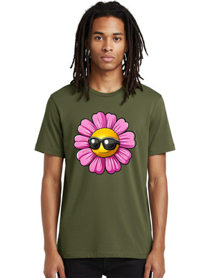 Smiley-Flower Mens Graphic Tee, 100% Cotton, Casual Summer Wear
