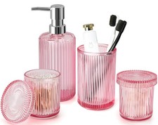 Pink Bathroom Accessories Set, 4 Pcs Glass Bathroom Accessory Set, Pink Soap ...