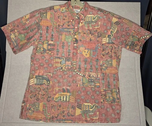 Reyn Spooner Hawaiian Shirt Mens Large Rust Red Tribal Mask, Drawings Pullover