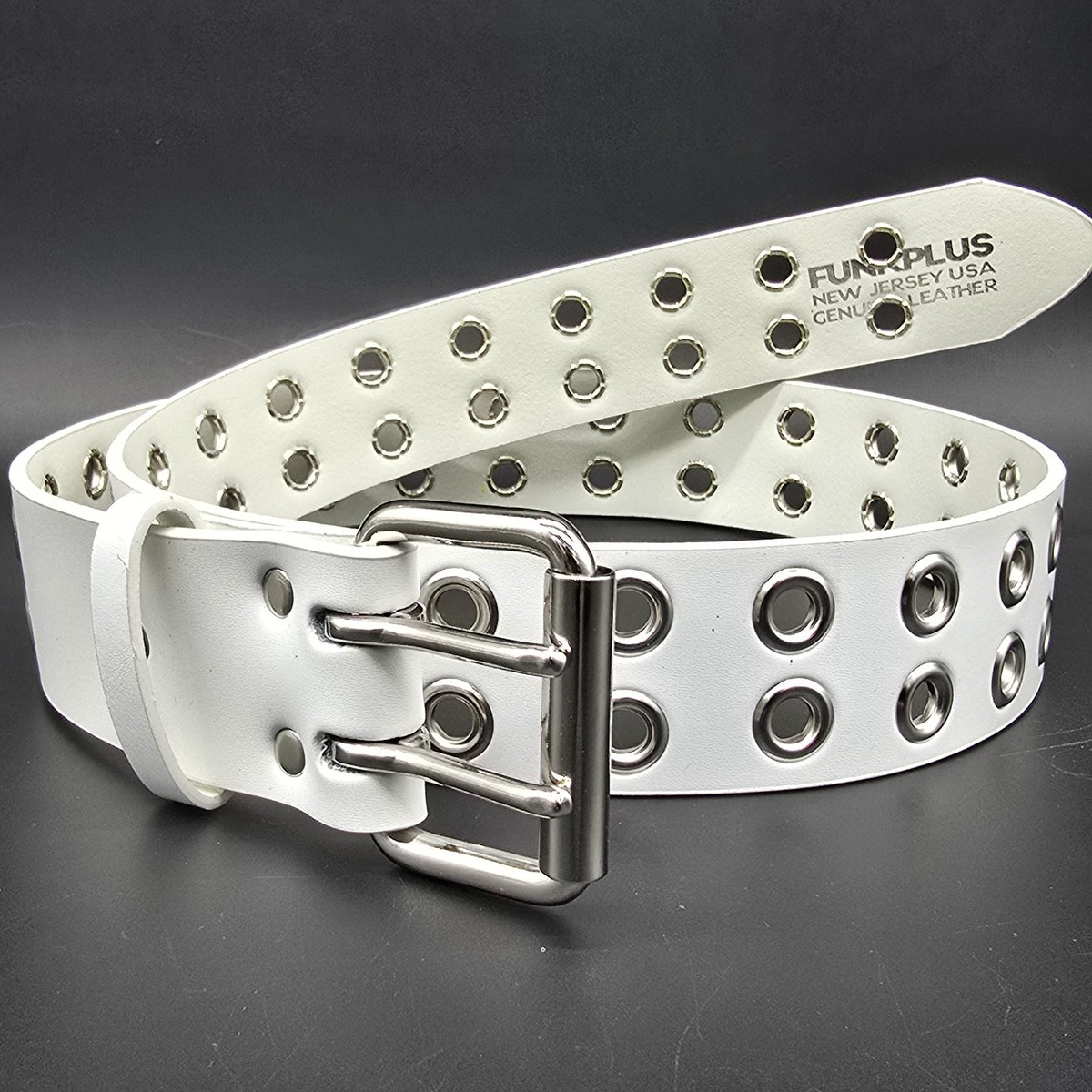 White Genuine Leather Grommet Eyelet Studded USA Made Three Row