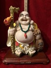 Vintage Chinese HAPPY LAUGHING BUDDHA on A Wooden Base Yellow Robe 13” tall — photo 6