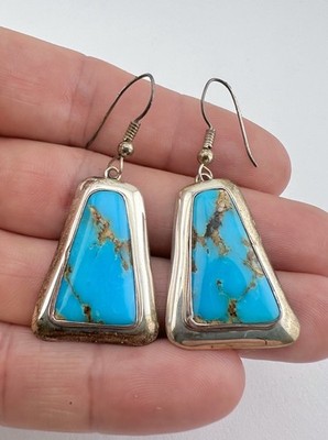 Vtg Navajo Sterling Silver High Grade Pilot Mountain Turquoise Post Earrings