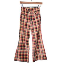 70s TOUGHSKINS Plaid Flare Pants Growing Girl 12 Slim Vintage Yellow Red