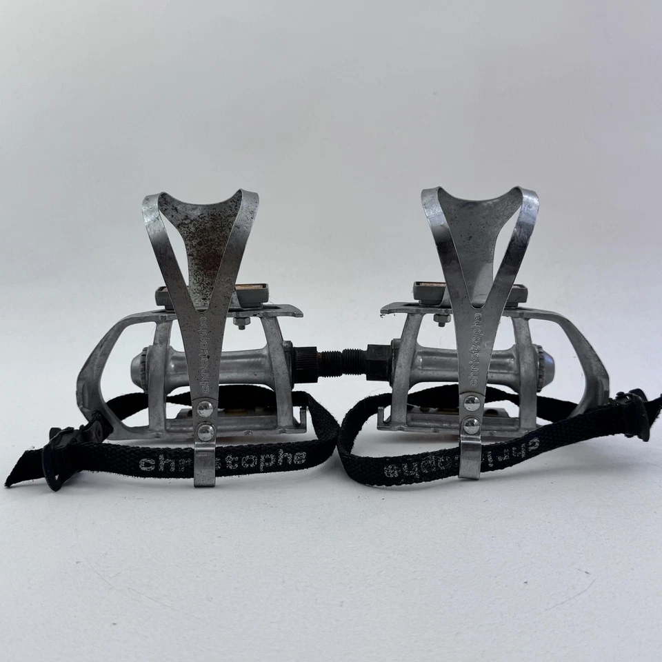 Vintage SR SP-155 Road Bike Pedals 9/16" Christophe Toe Clips Straps Silver A30 - Image 3 of 4