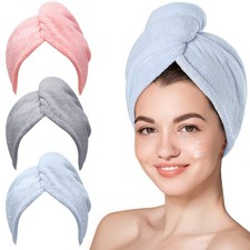 3 PCS Microfiber Hair Towel Wrap Fast Drying Lightweight Turban Blue/Grey