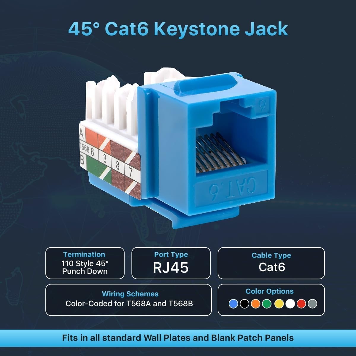 Slim Profile Cat6 Keystone Jacks, Blue, 50 Pack