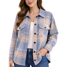 Boston Traders Women L Shacket Blue Pink Plaid Flannel Shirt Jacket Gorpcore