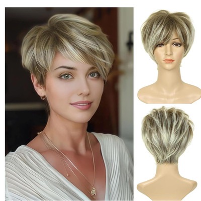Becus Perücke Damen Kurz Blond Pixie Cut Fluffy Synthetische Perücke Kurze