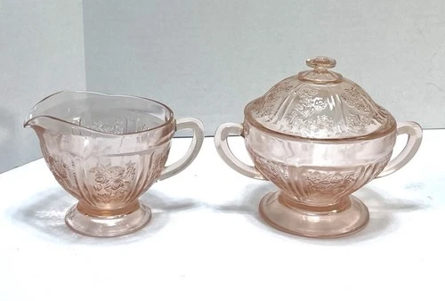 Pink Depression Glass Cabbage Rose Sharon Sugar Bowl and Creamer 1930s See Disc.