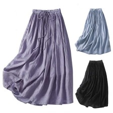 Women Cotton Linen Maxi Skirt Cocktail Party Skirt High Waist A-Line Long Dress