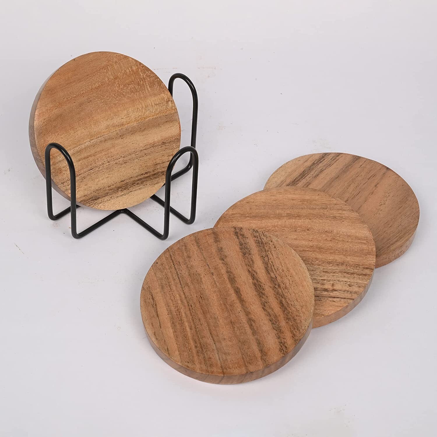 Acacia Wood Coasters for Drinks with Iron Holder Stand Set of 4, Wooden