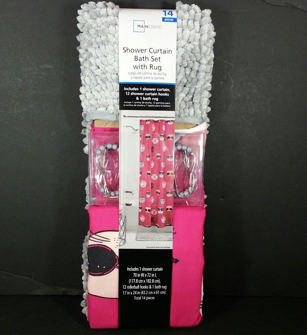 Mainstays 14 Piece Fuschia Cats Bath Set Gray Noodle Rug Hooks Shower Curtain For Sale Online