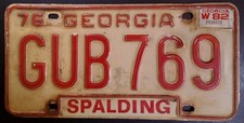 Georgia License Plate 1976 Spalding County Original 82 Sticker GUB 769