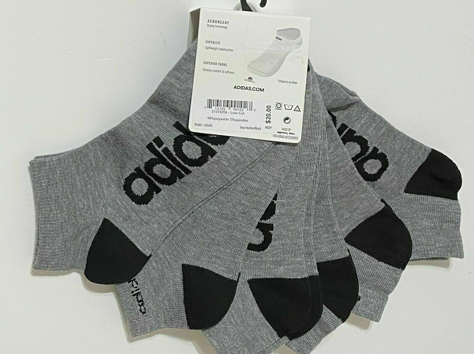 6 Pack Adidas Superlite AEROREADY GRAY BLACK LOGO MEN LOW CUT Socks