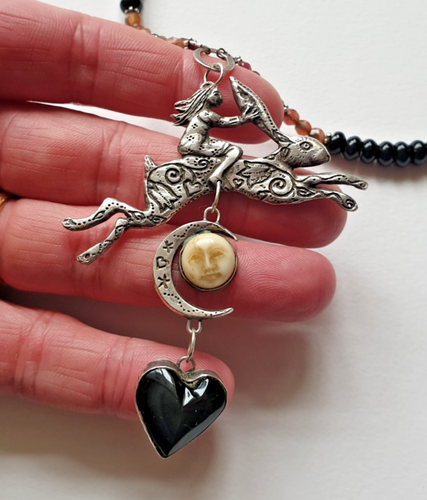 RARE Hannah Willow Hare Rider & Moon Necklace - Hallmarked Silver - Handmade - Picture 7 of 10